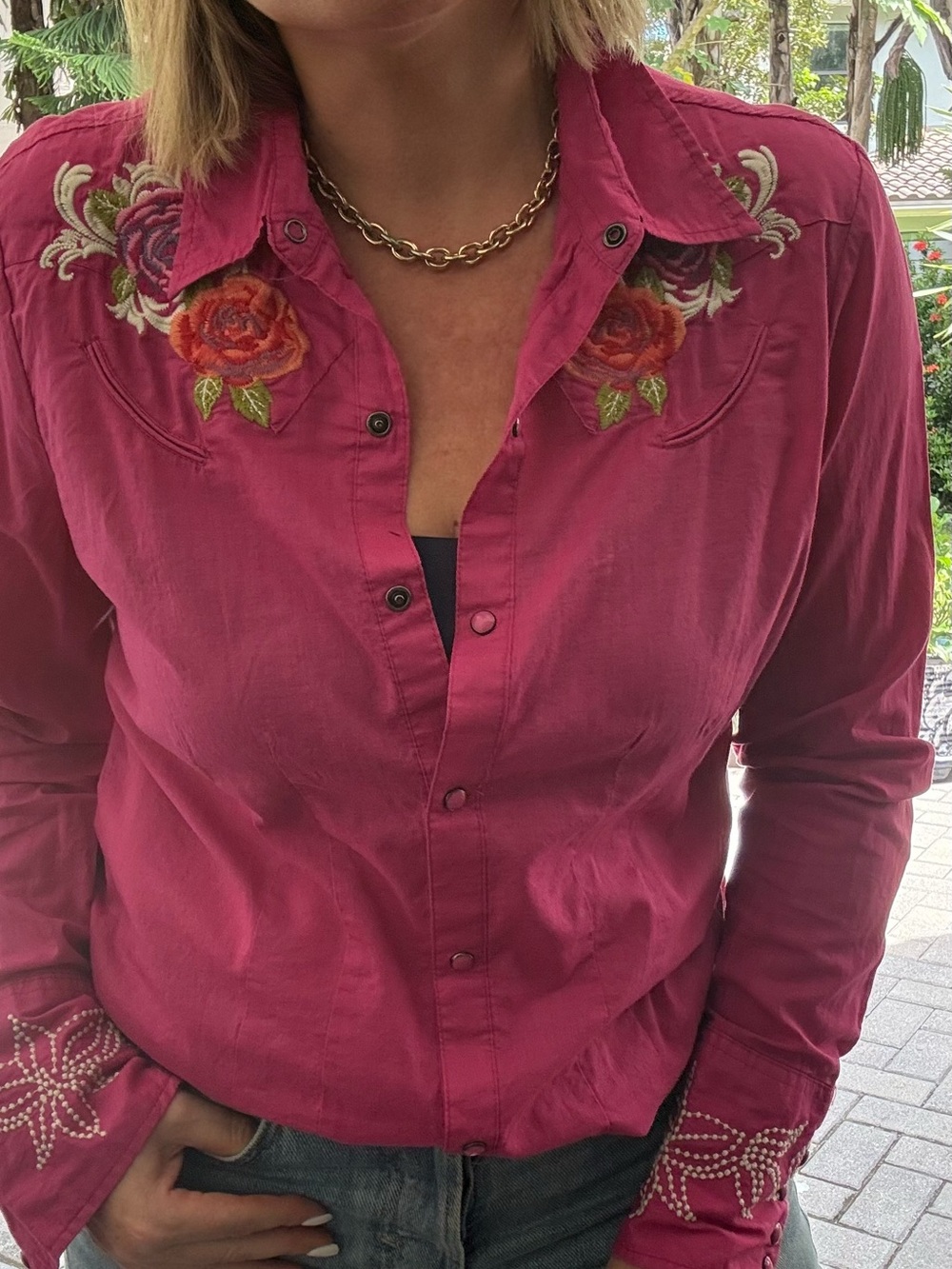Vintage Stetson Women’s XL Pink Cotton Embroidered Pearl Snap Western Shirt